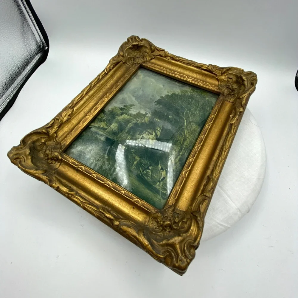 Vintage 10x9 Framed Landscape Gold Ornate Rococo Pastoral Scene Gilt Rustic